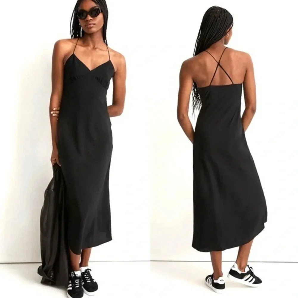 New Madewell Layton Midi Slip Dress Black Size 14 NK419